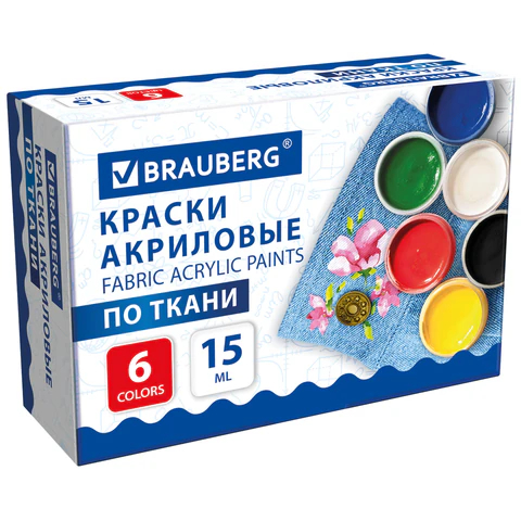 Краски акриловые по ткани 6 цветов BRAUBERG Краски акриловые по ткани 6 цветов BRAUBERG