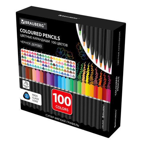 Карандаши цветные BRAUBERG BLACK WOOD, 100 цветов Карандаши цветные BRAUBERG BLACK WOOD, 100 цветов